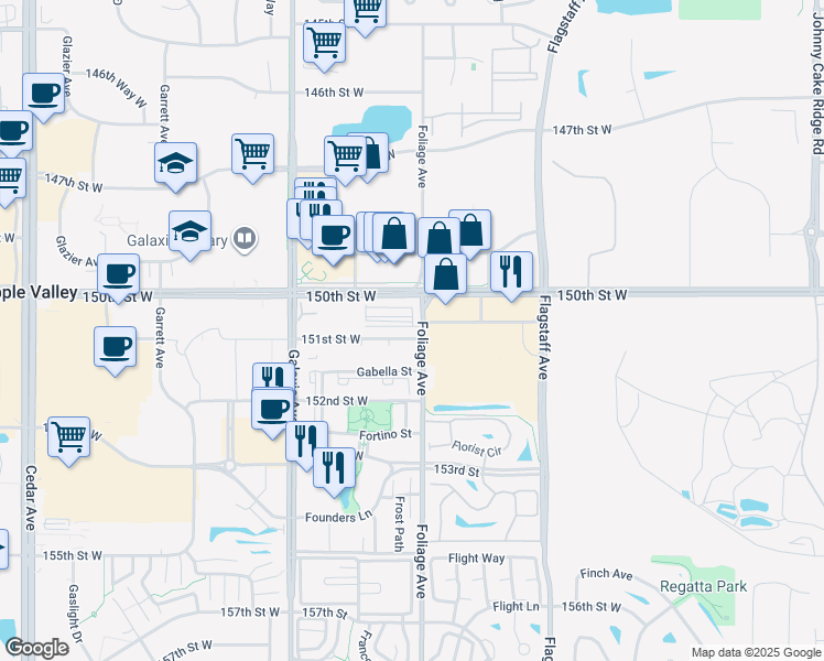 map of restaurants, bars, coffee shops, grocery stores, and more near 15075 Foliage Avenue in Apple Valley