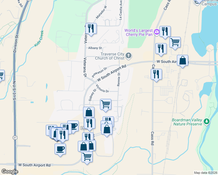 map of restaurants, bars, coffee shops, grocery stores, and more near 2822 Victoria Ct in Traverse City
