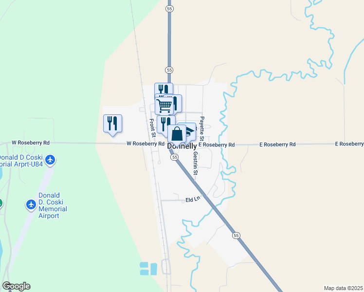 map of restaurants, bars, coffee shops, grocery stores, and more near 155 Everett Lane in Donnelly