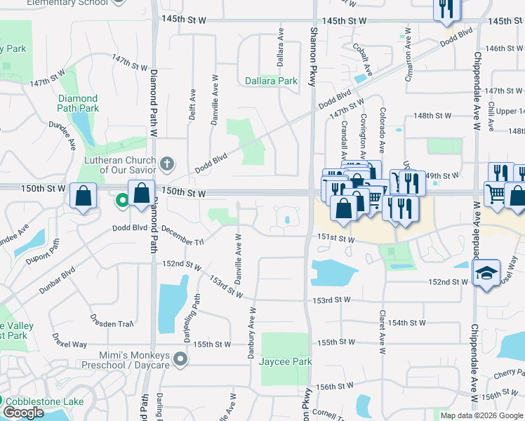 map of restaurants, bars, coffee shops, grocery stores, and more near 15051 December Way in Rosemount