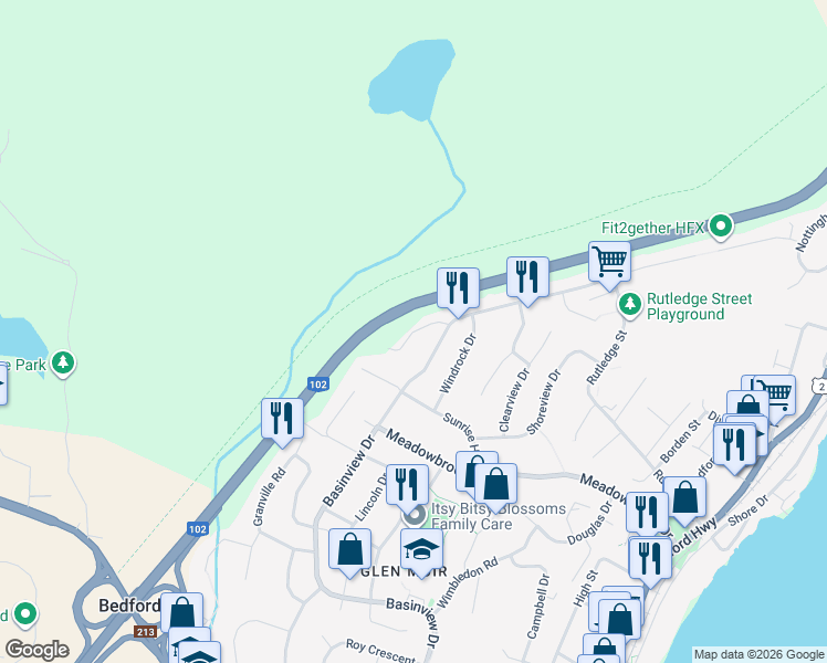 map of restaurants, bars, coffee shops, grocery stores, and more near Alpine Court in Bedford