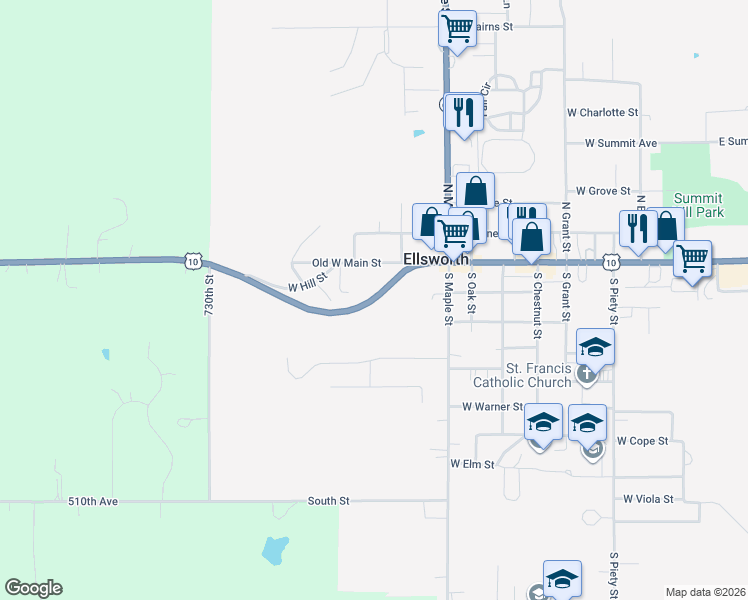 map of restaurants, bars, coffee shops, grocery stores, and more near 641 W Main St in Ellsworth