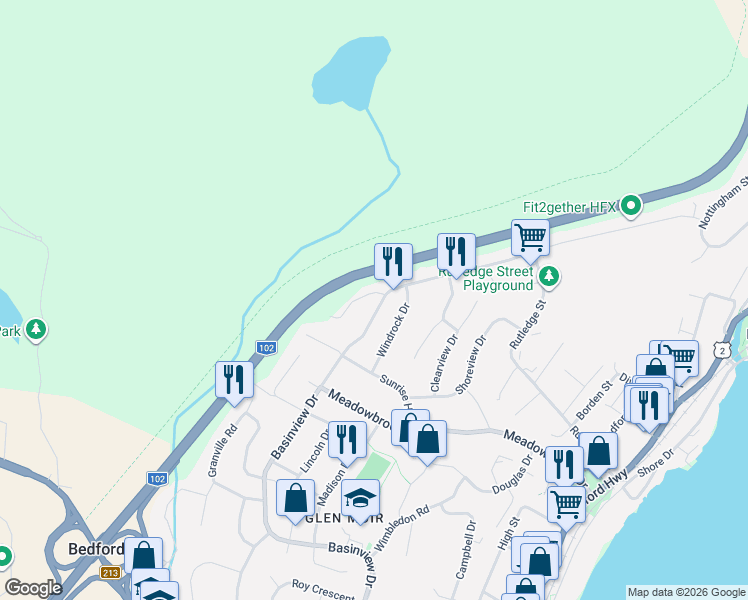 map of restaurants, bars, coffee shops, grocery stores, and more near 674 Basinview Drive in Bedford