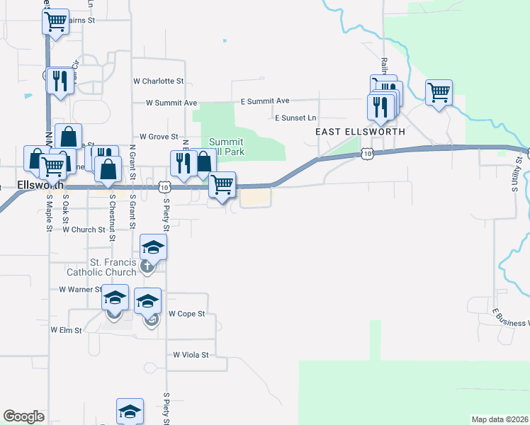 map of restaurants, bars, coffee shops, grocery stores, and more near South Dar Street in Ellsworth