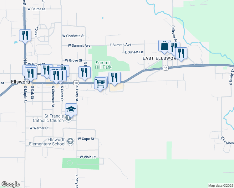 map of restaurants, bars, coffee shops, grocery stores, and more near 181 East Main Street in Ellsworth