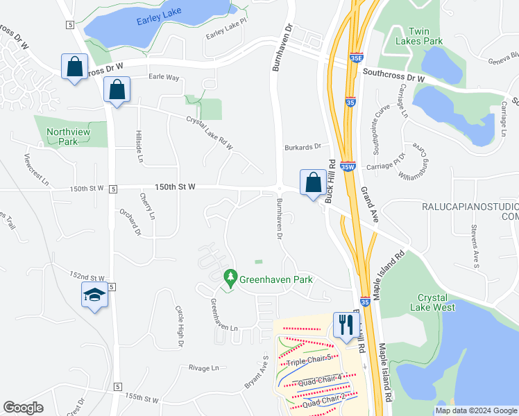 map of restaurants, bars, coffee shops, grocery stores, and more near 15025 Greenhaven Drive in Burnsville