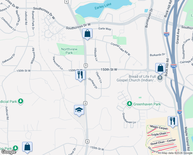 map of restaurants, bars, coffee shops, grocery stores, and more near 15000 Cherry Lane in Burnsville