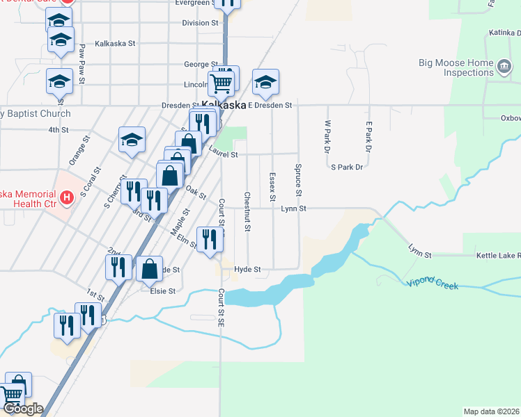map of restaurants, bars, coffee shops, grocery stores, and more near Lynn Street in Kalkaska