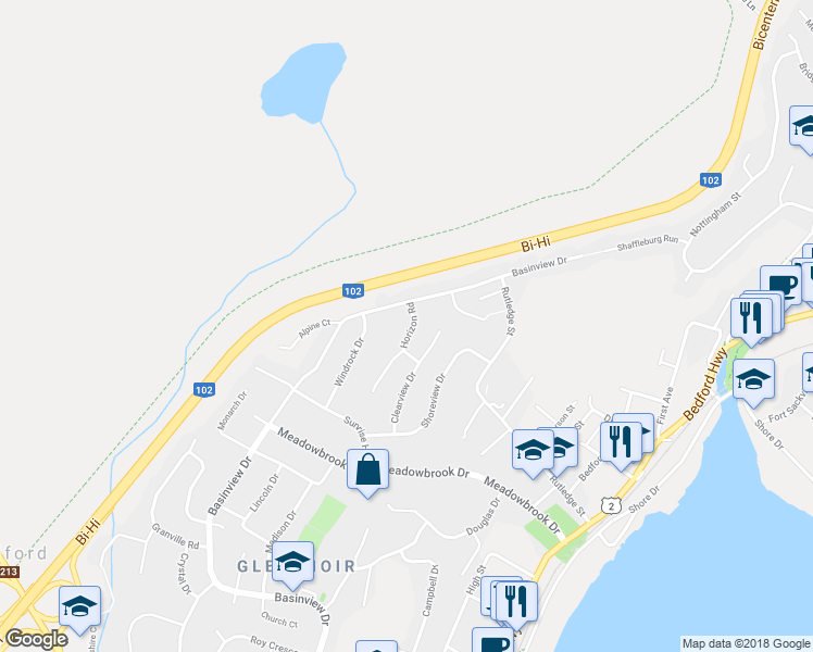 map of restaurants, bars, coffee shops, grocery stores, and more near 28 Horizon Road in Bedford