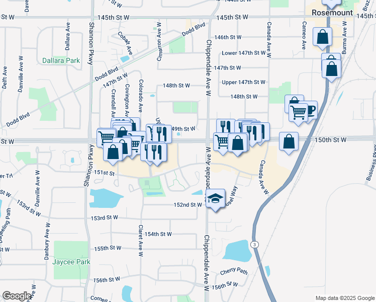 map of restaurants, bars, coffee shops, grocery stores, and more near 15026 Cimarron Avenue in Rosemount