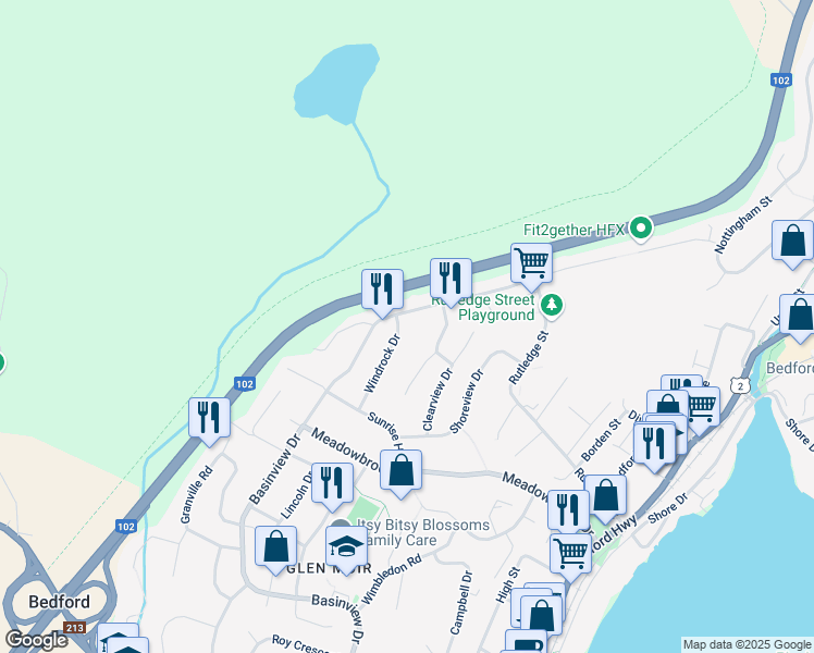 map of restaurants, bars, coffee shops, grocery stores, and more near 59 Windrock Drive in Bedford