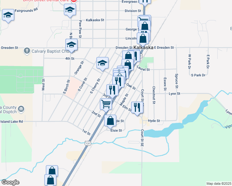 map of restaurants, bars, coffee shops, grocery stores, and more near 336 South Cedar Street in Kalkaska