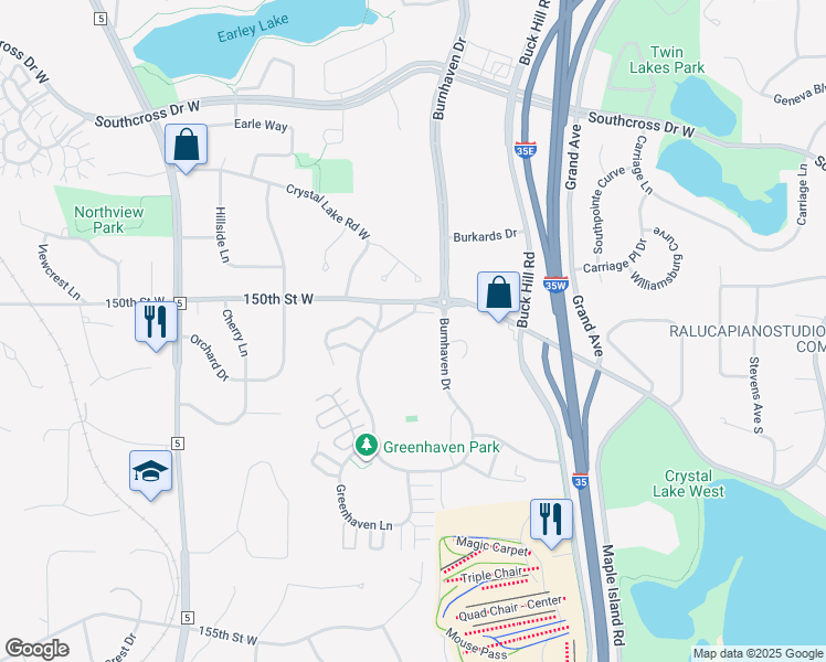 map of restaurants, bars, coffee shops, grocery stores, and more near 15025 Greenhaven Drive in Burnsville
