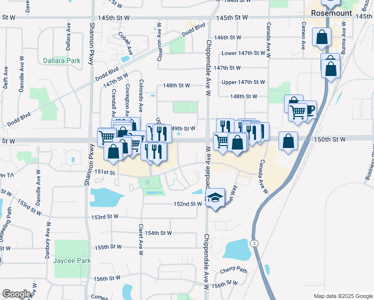 map of restaurants, bars, coffee shops, grocery stores, and more near 15026 Cimarron Avenue in Rosemount