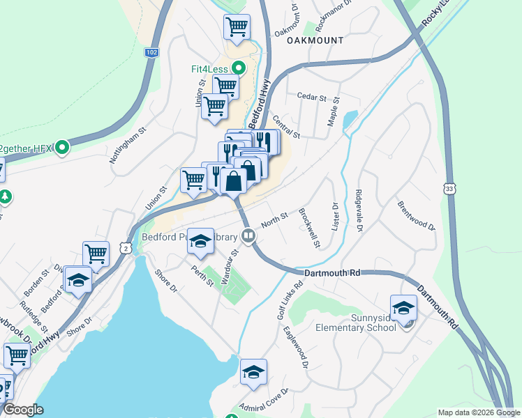 map of restaurants, bars, coffee shops, grocery stores, and more near 5 Main Street in Bedford