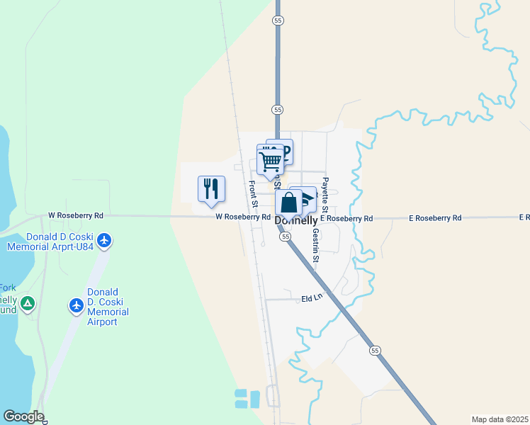 map of restaurants, bars, coffee shops, grocery stores, and more near 165 Main Street in Donnelly
