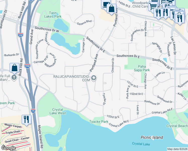 map of restaurants, bars, coffee shops, grocery stores, and more near 15001 Butternut Lane in Burnsville