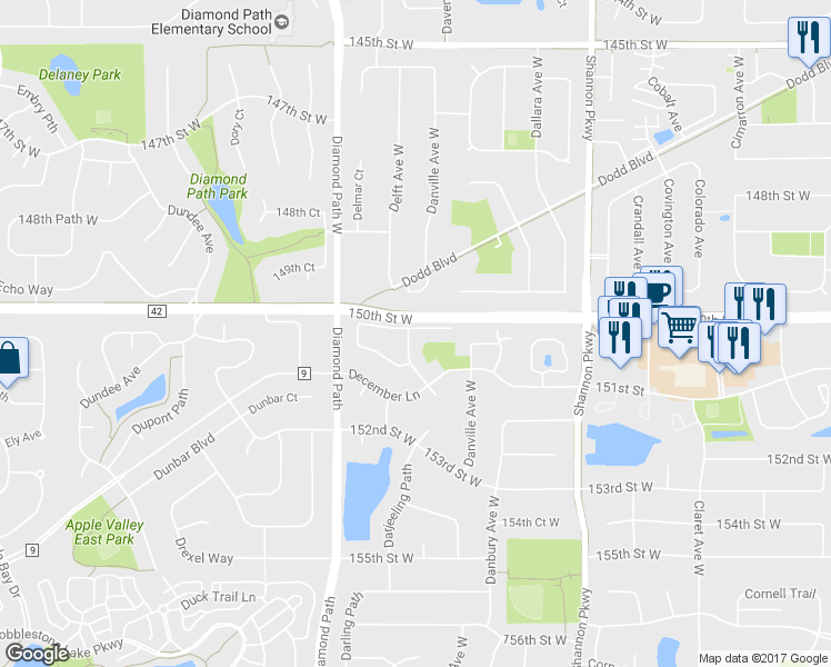 map of restaurants, bars, coffee shops, grocery stores, and more near 15044 Everleigh Circle in Rosemount