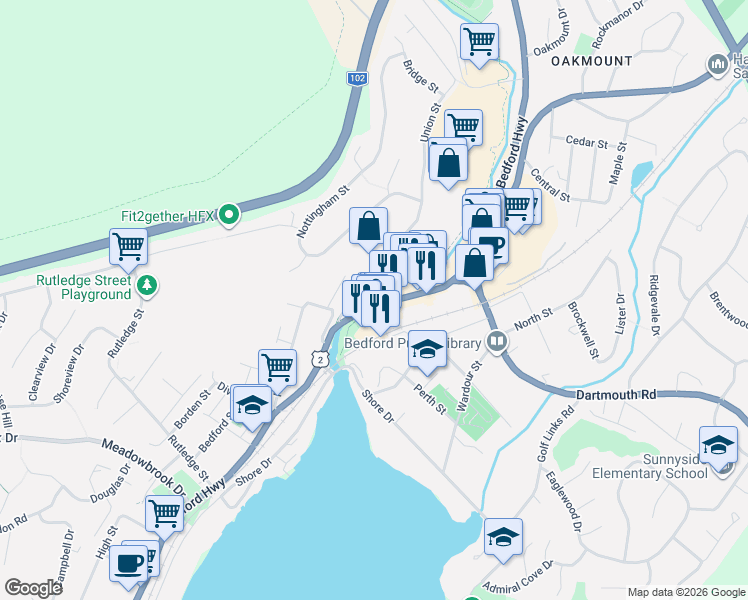 map of restaurants, bars, coffee shops, grocery stores, and more near 1460 Bedford Highway in Bedford