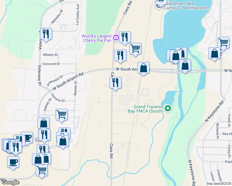 map of restaurants, bars, coffee shops, grocery stores, and more near 2425 Switch Drive in Traverse City