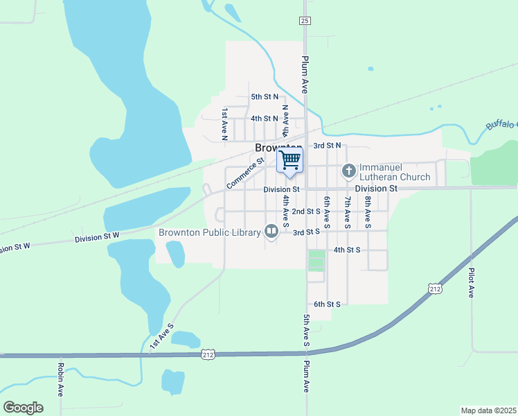 map of restaurants, bars, coffee shops, grocery stores, and more near 119 3rd Street North in Brownton