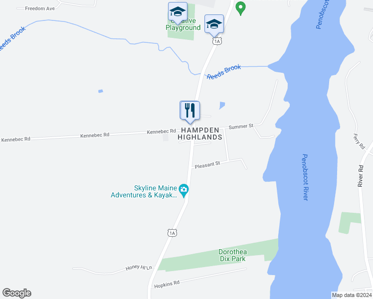 map of restaurants, bars, coffee shops, grocery stores, and more near 120 Main Road South in Hampden