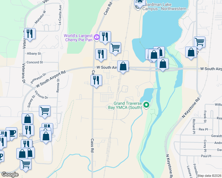 map of restaurants, bars, coffee shops, grocery stores, and more near 2425 Switch Drive in Traverse City