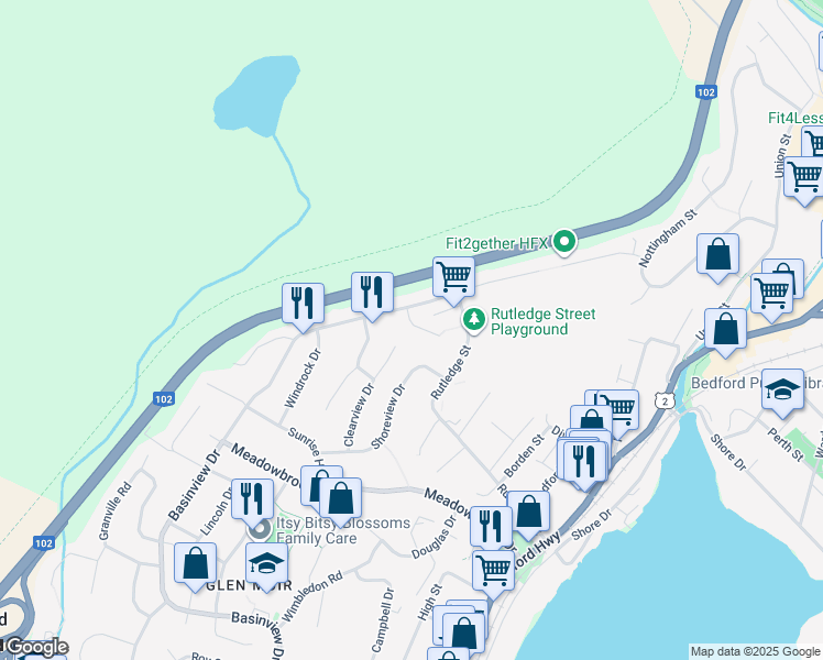 map of restaurants, bars, coffee shops, grocery stores, and more near 15 Rockpoint Court in Bedford