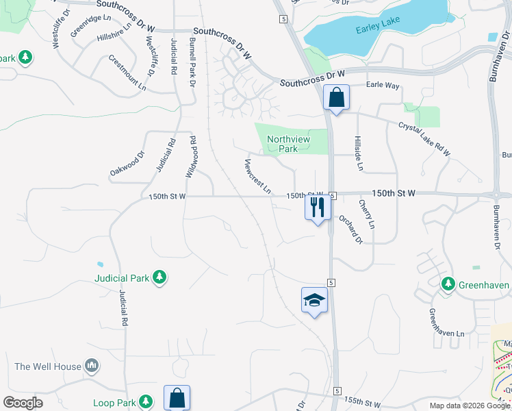 map of restaurants, bars, coffee shops, grocery stores, and more near 1805 150th Street West in Burnsville