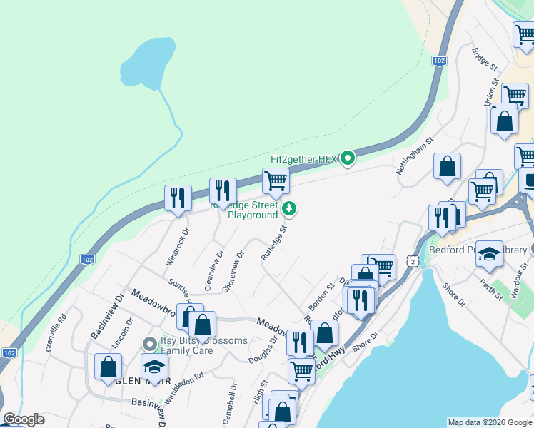 map of restaurants, bars, coffee shops, grocery stores, and more near 46 Rockpoint Court in Bedford