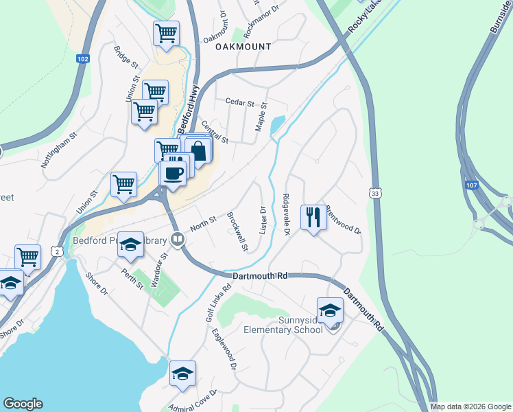 map of restaurants, bars, coffee shops, grocery stores, and more near 19 Lister Drive in Bedford