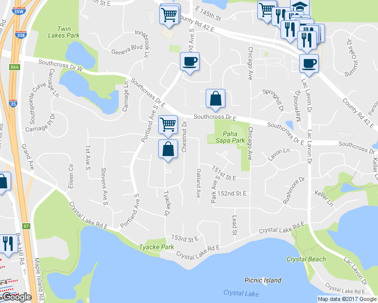 map of restaurants, bars, coffee shops, grocery stores, and more near 15005 Chestnut Drive in Burnsville