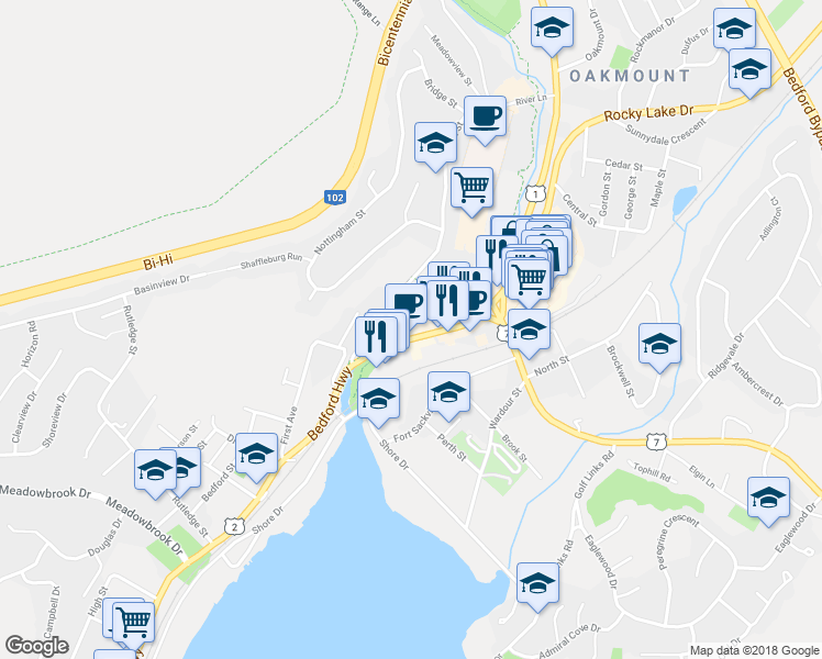 map of restaurants, bars, coffee shops, grocery stores, and more near 1488 Bedford Highway in Bedford