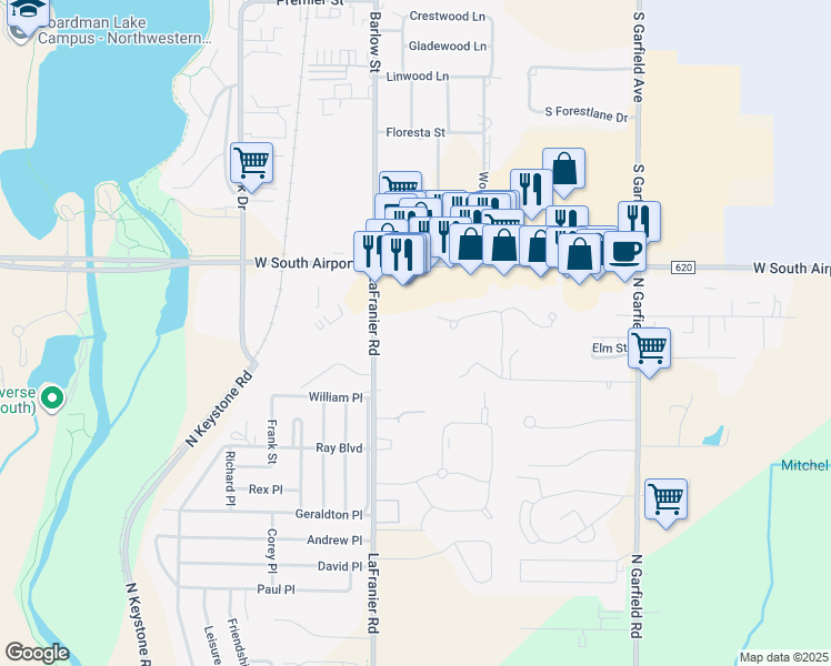 map of restaurants, bars, coffee shops, grocery stores, and more near 3016 Lafranier Road in Traverse City
