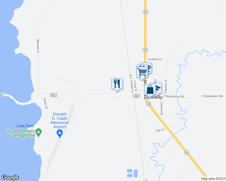 map of restaurants, bars, coffee shops, grocery stores, and more near 454 West Roseberry Road in Donnelly