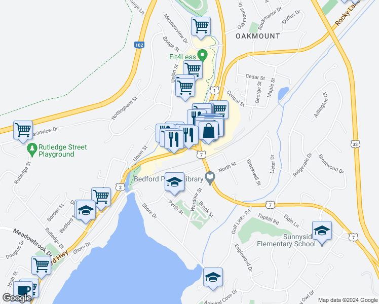 map of restaurants, bars, coffee shops, grocery stores, and more near 1531 Bedford Highway in Bedford