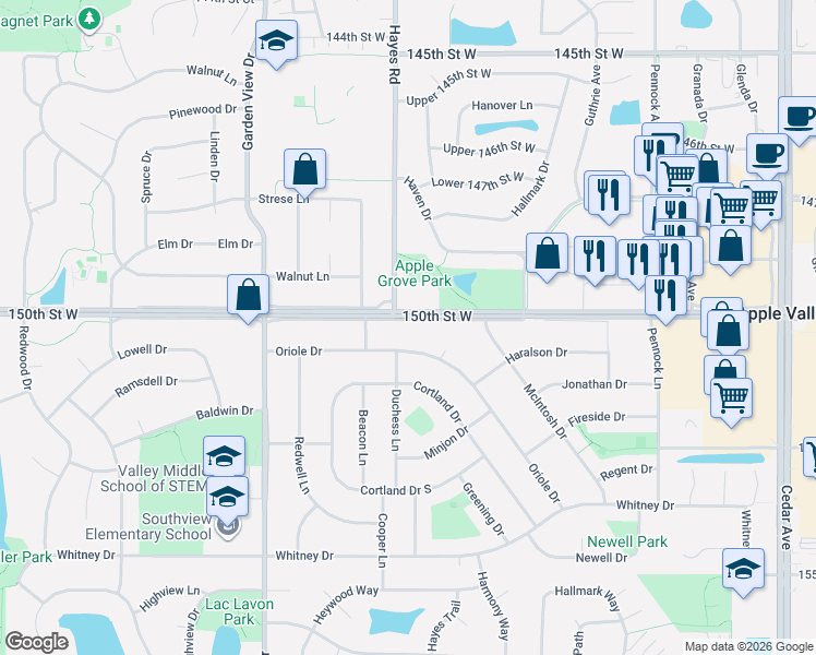 map of restaurants, bars, coffee shops, grocery stores, and more near 144 150th Street West in Apple Valley