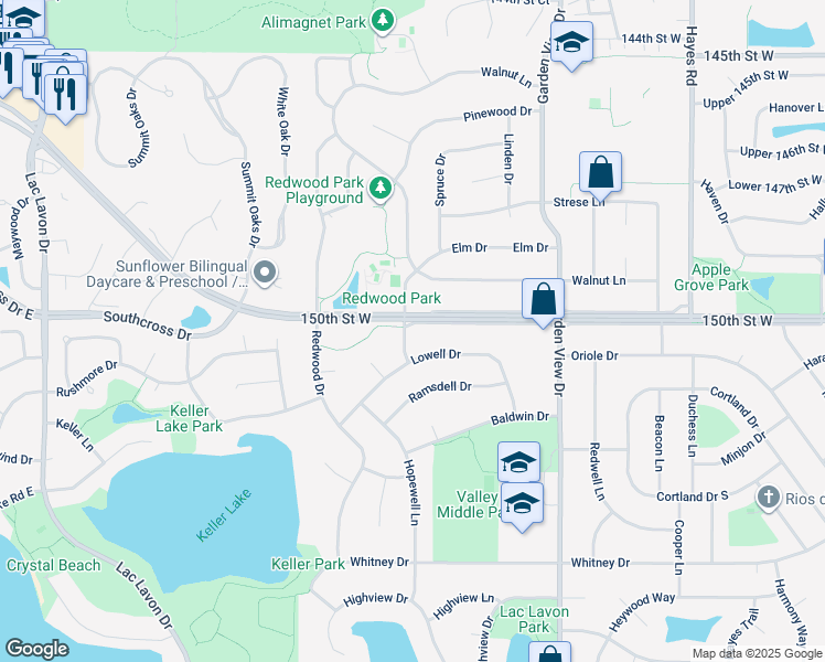 map of restaurants, bars, coffee shops, grocery stores, and more near 999 Elm Drive in Apple Valley