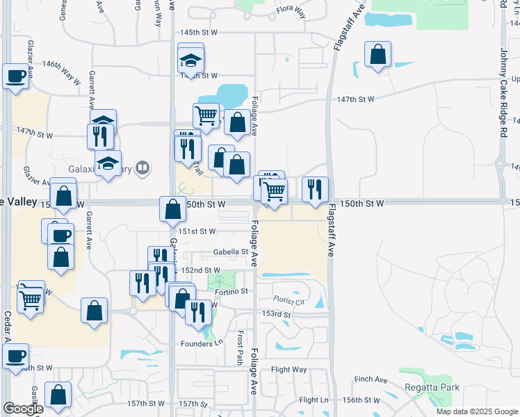 map of restaurants, bars, coffee shops, grocery stores, and more near 15075 Foliage Avenue in Apple Valley