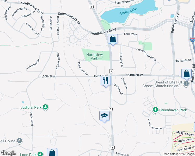 map of restaurants, bars, coffee shops, grocery stores, and more near 1604 Viewcrest Circle in Burnsville