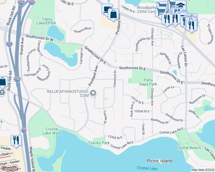 map of restaurants, bars, coffee shops, grocery stores, and more near 15008 Tyacke Drive in Burnsville