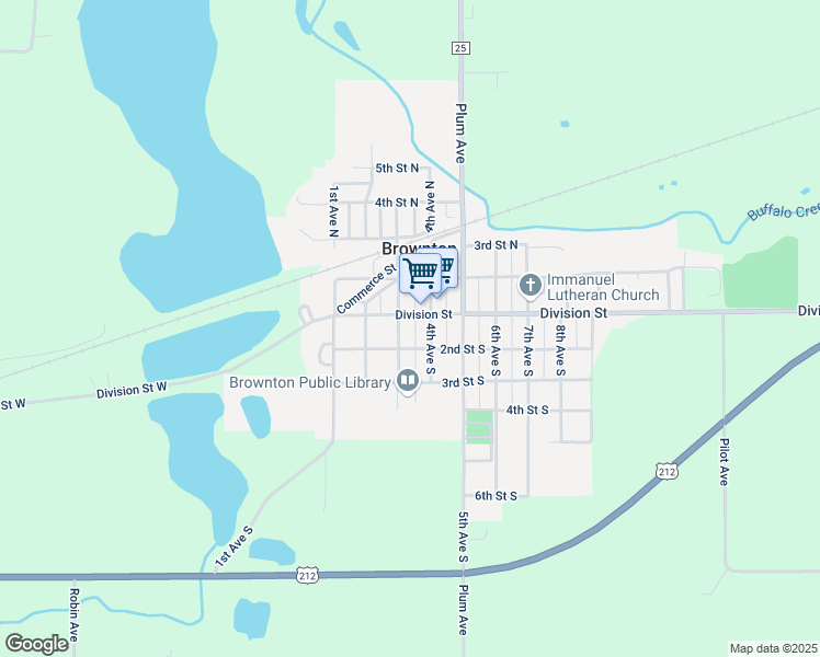 map of restaurants, bars, coffee shops, grocery stores, and more near 119 3rd Street North in Brownton