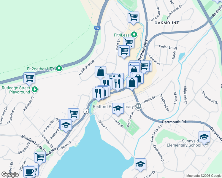 map of restaurants, bars, coffee shops, grocery stores, and more near 1488 Bedford Highway in Bedford