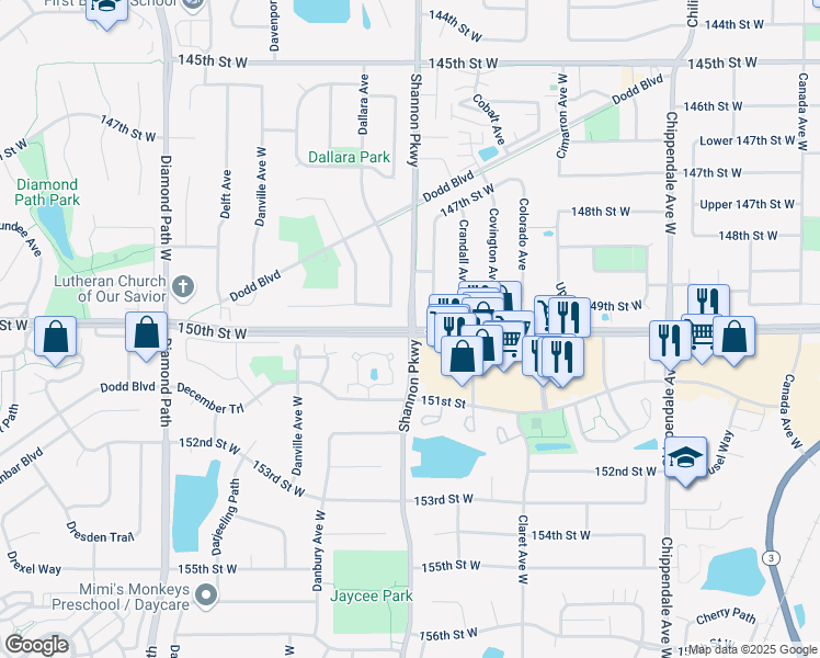 map of restaurants, bars, coffee shops, grocery stores, and more near County Road 42 & Shannon Parkway in Rosemount