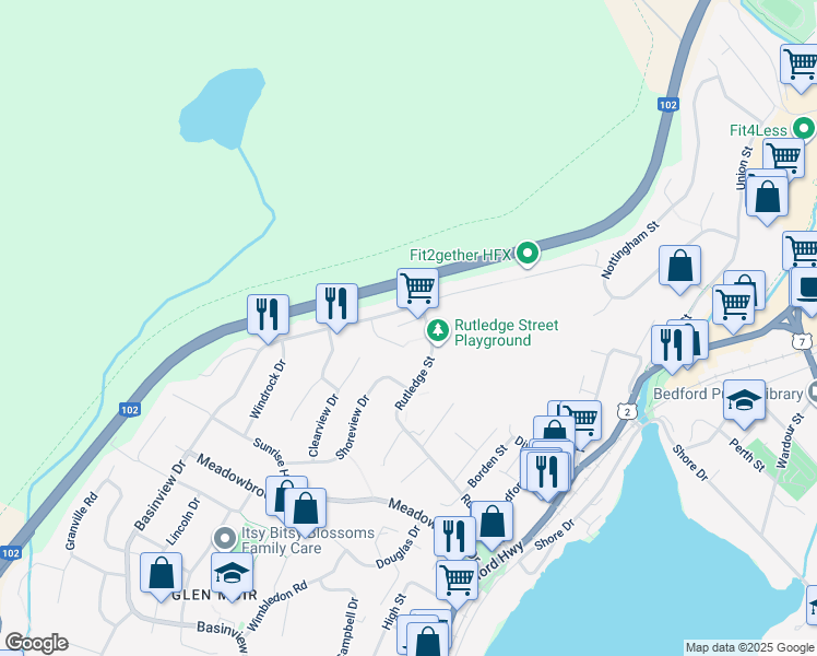 map of restaurants, bars, coffee shops, grocery stores, and more near 18 Waltham Lane in Bedford