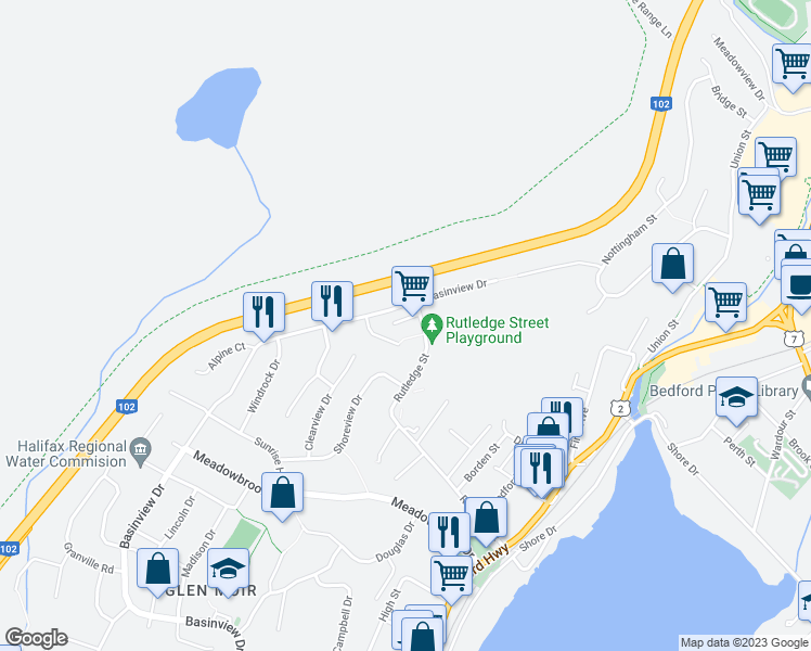 map of restaurants, bars, coffee shops, grocery stores, and more near 16 Waltham Lane in Bedford