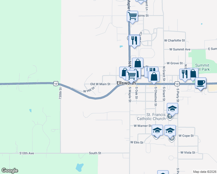 map of restaurants, bars, coffee shops, grocery stores, and more near 641 West Main Street in Ellsworth