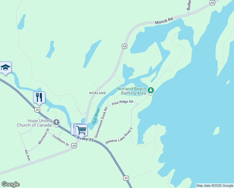 map of restaurants, bars, coffee shops, grocery stores, and more near 14 Little Bay Drive in Kawartha Lakes