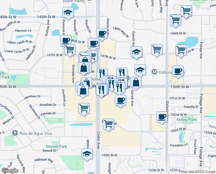 map of restaurants, bars, coffee shops, grocery stores, and more near 7386 150th Street West in Apple Valley