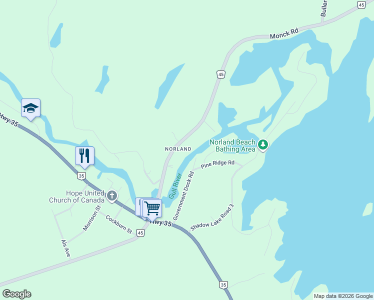 map of restaurants, bars, coffee shops, grocery stores, and more near 3522 Monck Road in Kawartha Lakes